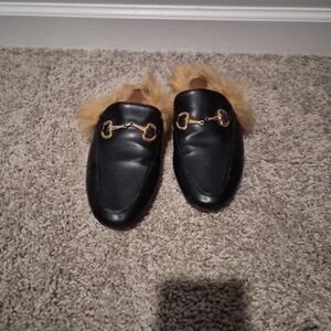Women's Black Leather Heeled Boots with Fur Trim